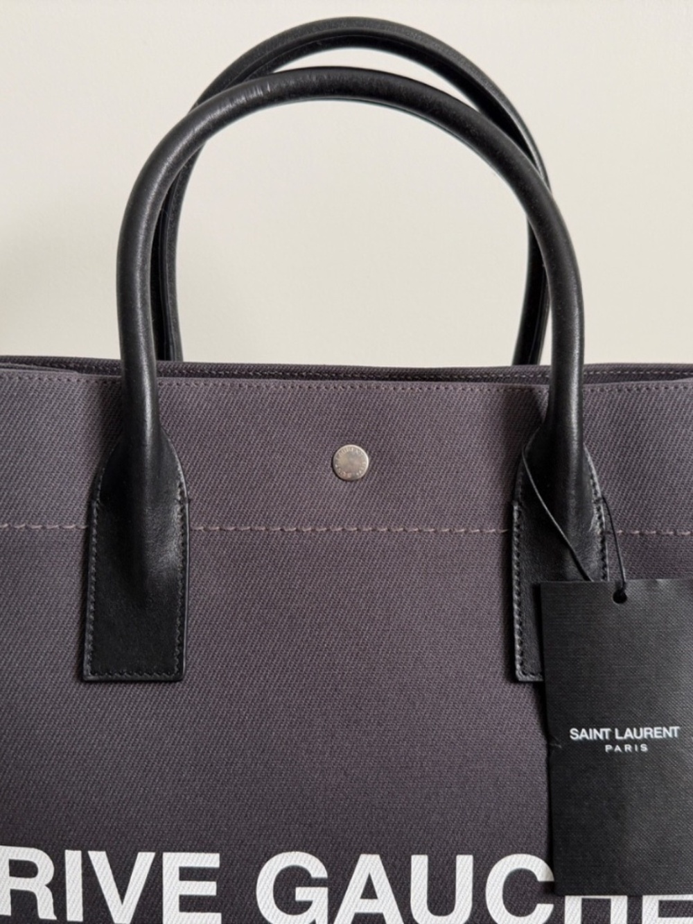 Saint Laurent YSL Rive Gauche Gray Canvas Logo Black Leather Tote Bag - Picture 3 of 16